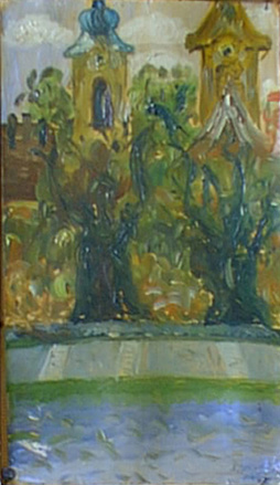 Fák és templomok Farost, olaj 50x29 cm