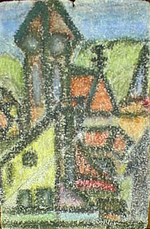 Templomdombról, 1977 Hungarocell, zsírkréta 51x33 cm